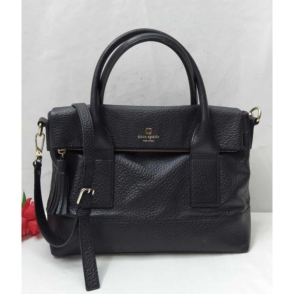 Kate Spade New York Black Pebbled Leather Double Handles Zipper Satchel Bag